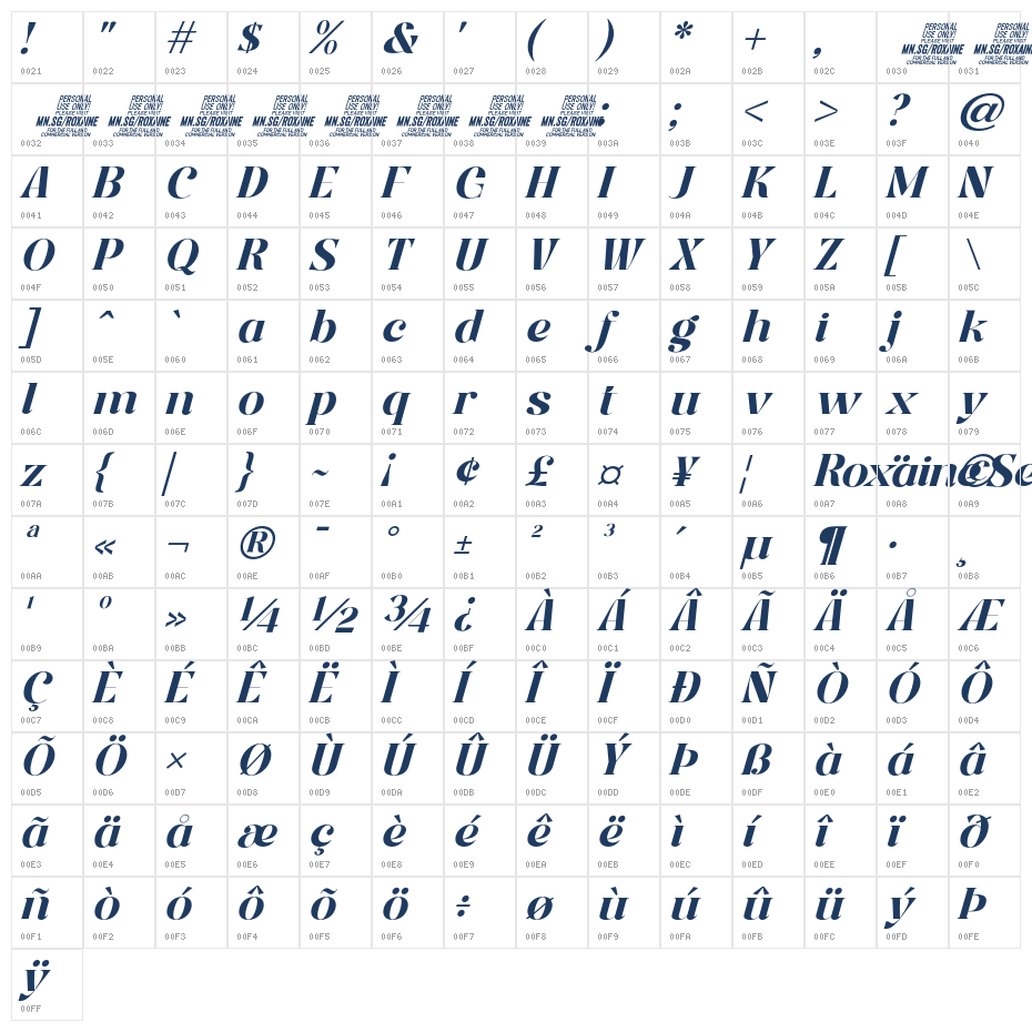 Roxaine Serif PERSONAL USE Italic Character Map