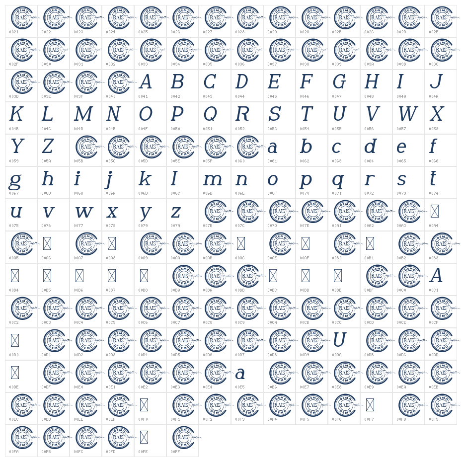 Royal Estelle Demo Italic Character Map