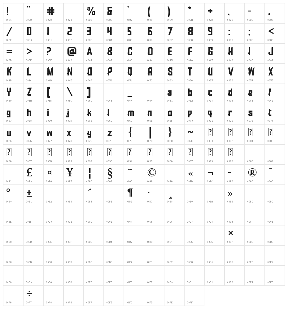 Rubrick Bold Character Map