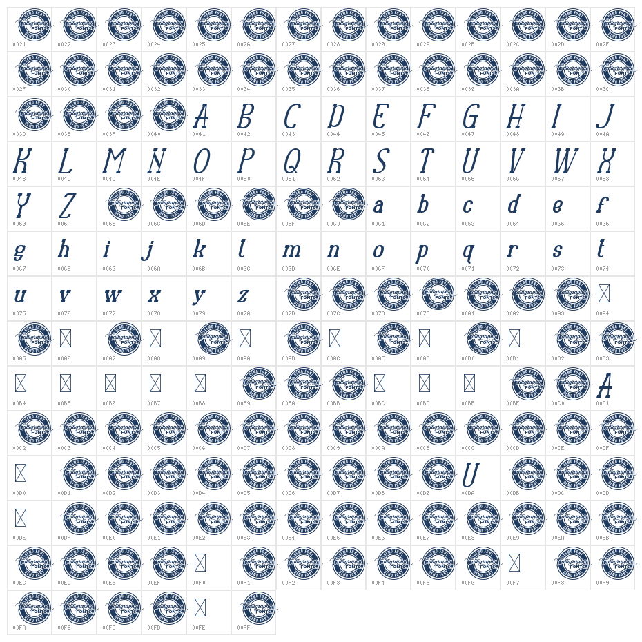 RubyRingDemo Condensed Italic Character Map