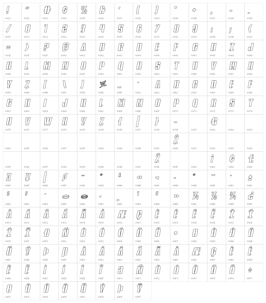 Rumble Tumble Outline Italic Character Map