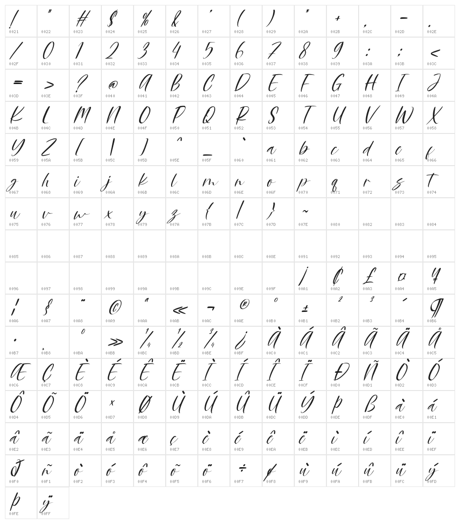 RuslinyScript-Italic Character Map
