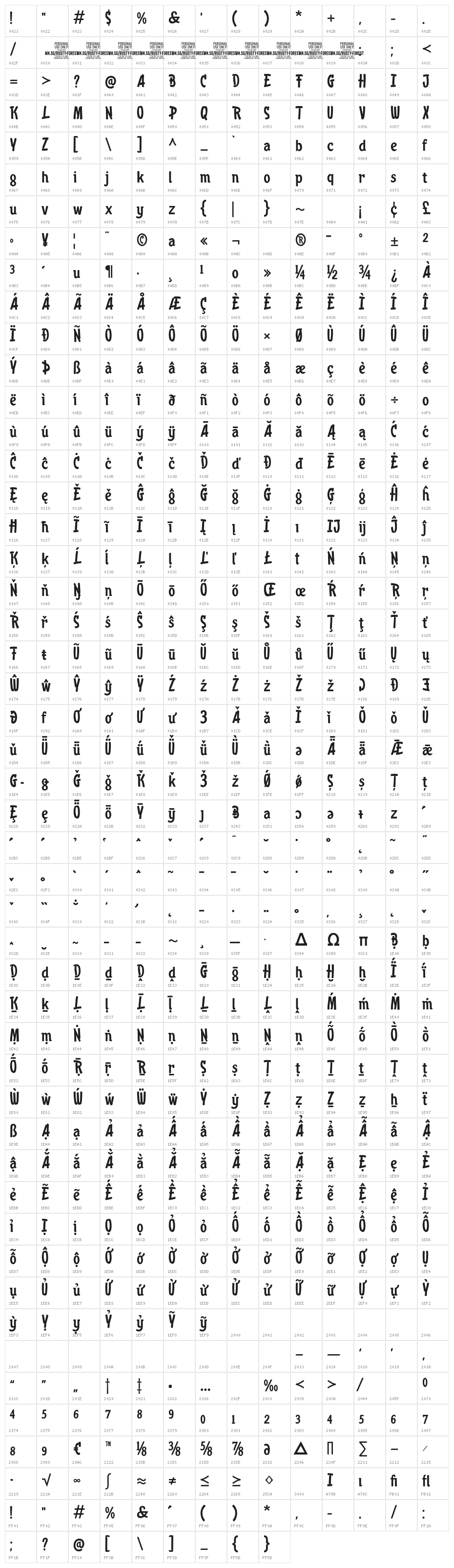 Rusty Forest PERSONAL USE Regular Character Map
