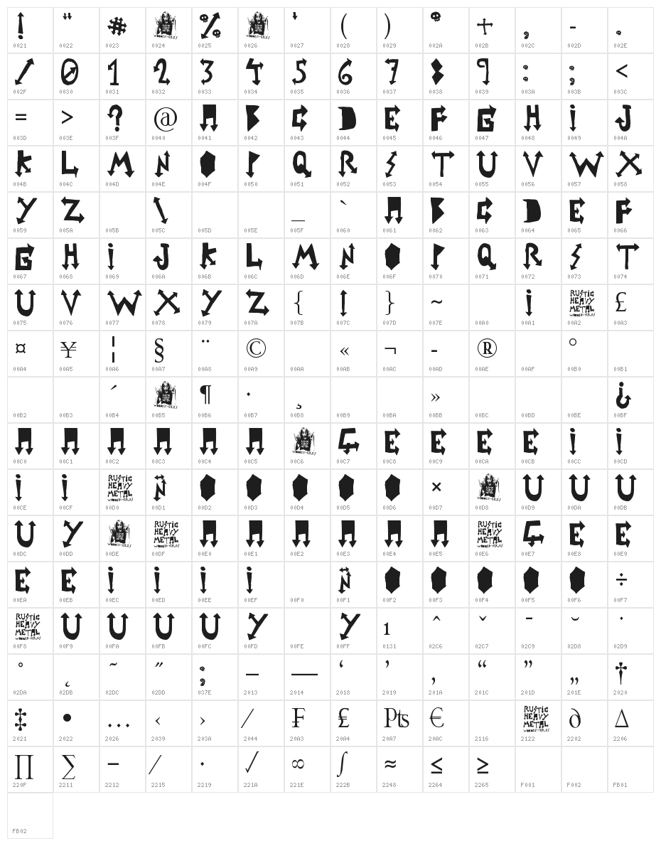rustic heavy metal Character Map