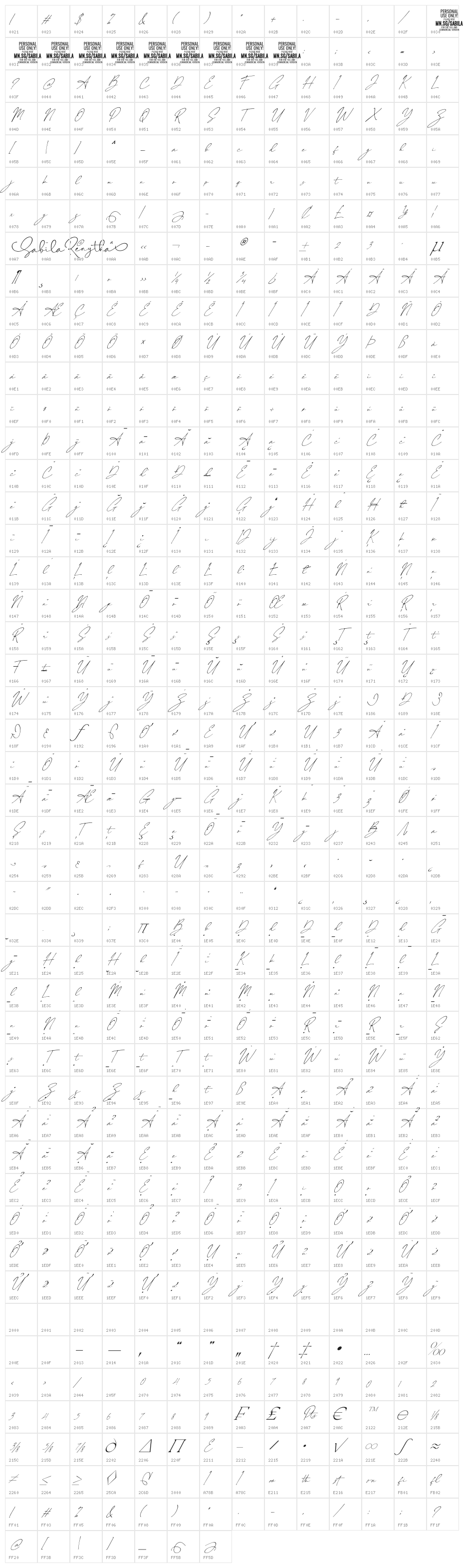 Sabila Renytha PERSONAL USE Italic Character Map