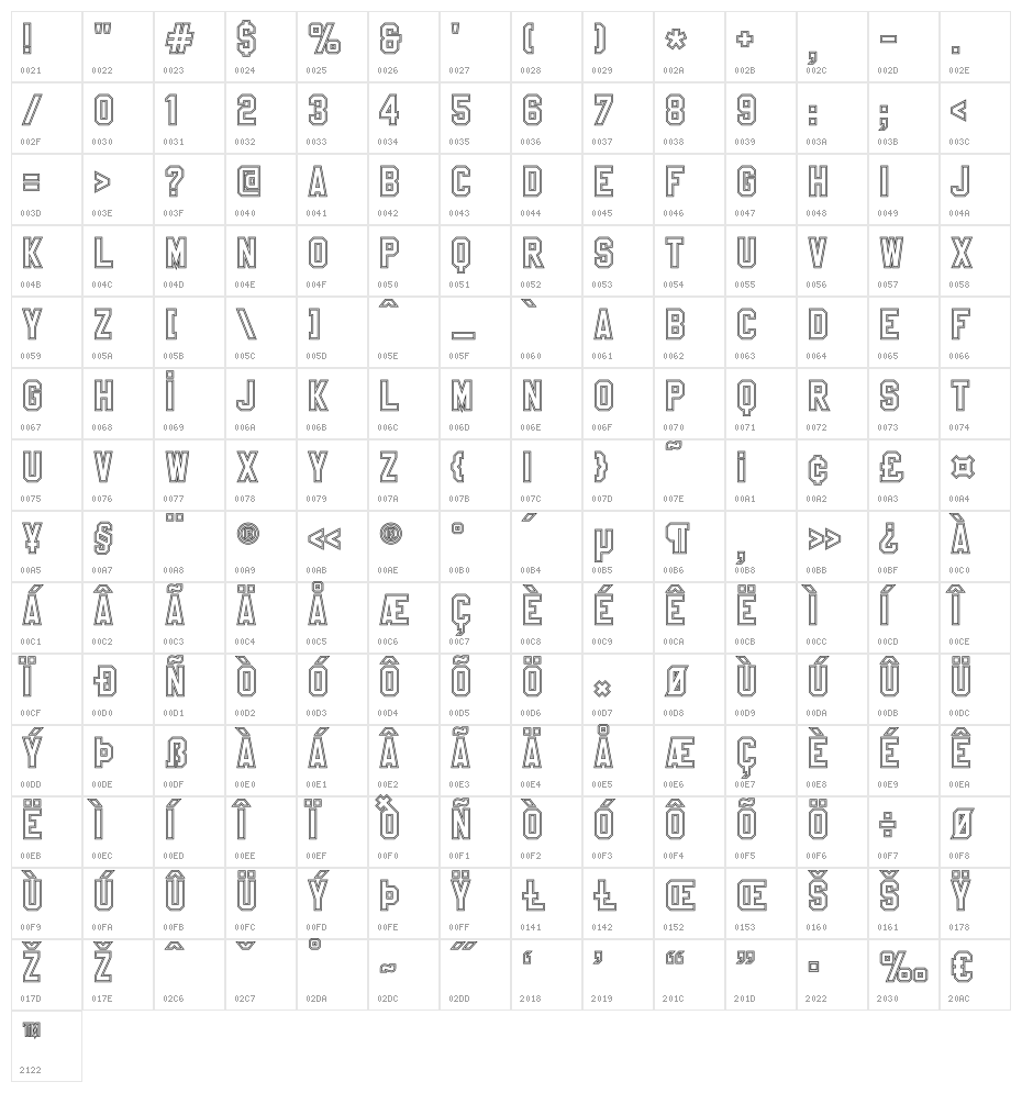 SablonUp-Outline Character Map