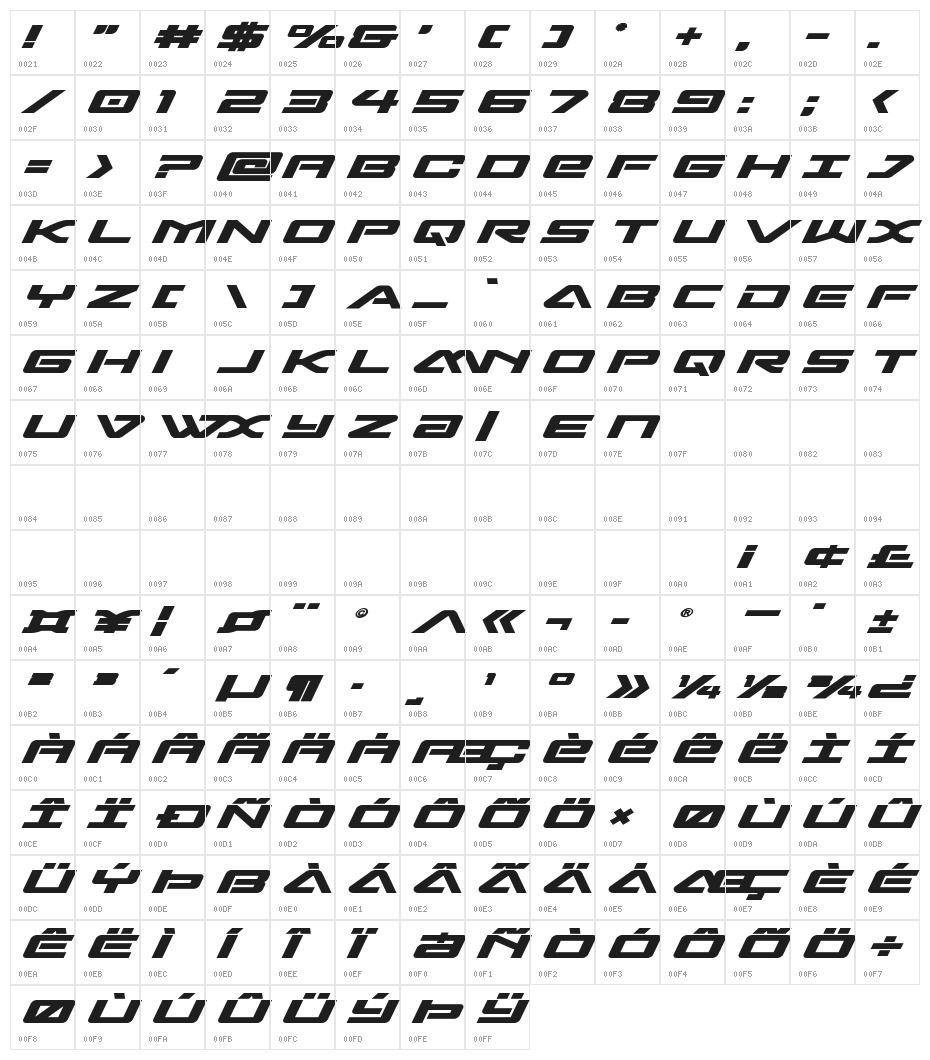 Sabre Shark Bold Expanded Character Map