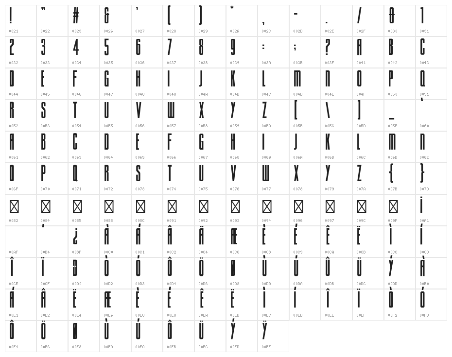 Sacco SemiBold ExtraCondensed Character Map