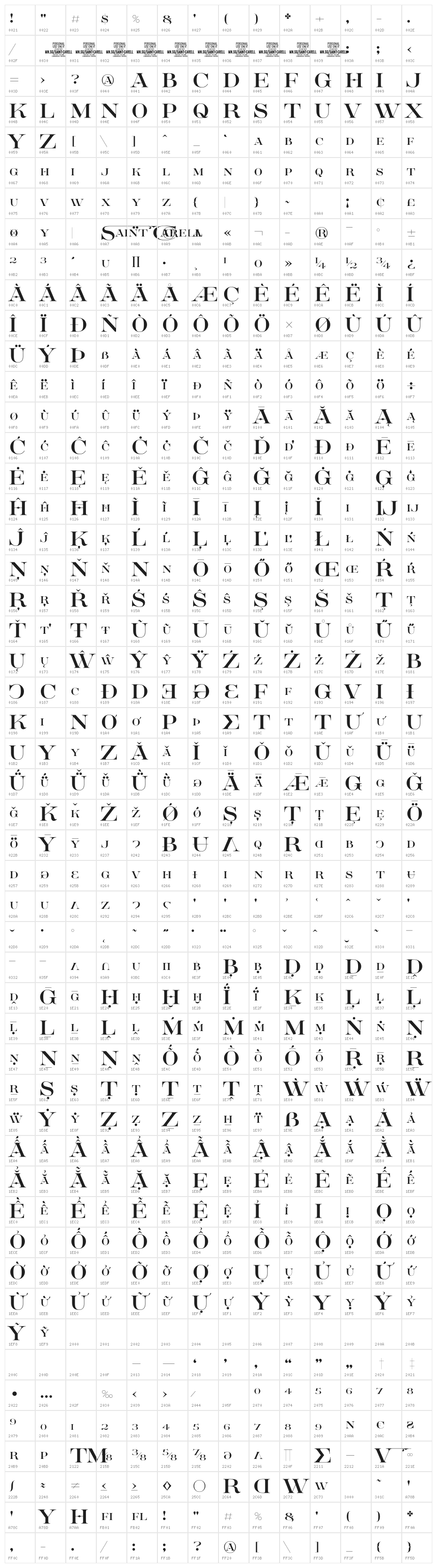 Saint Carell Clean PERSONAL Regular Character Map