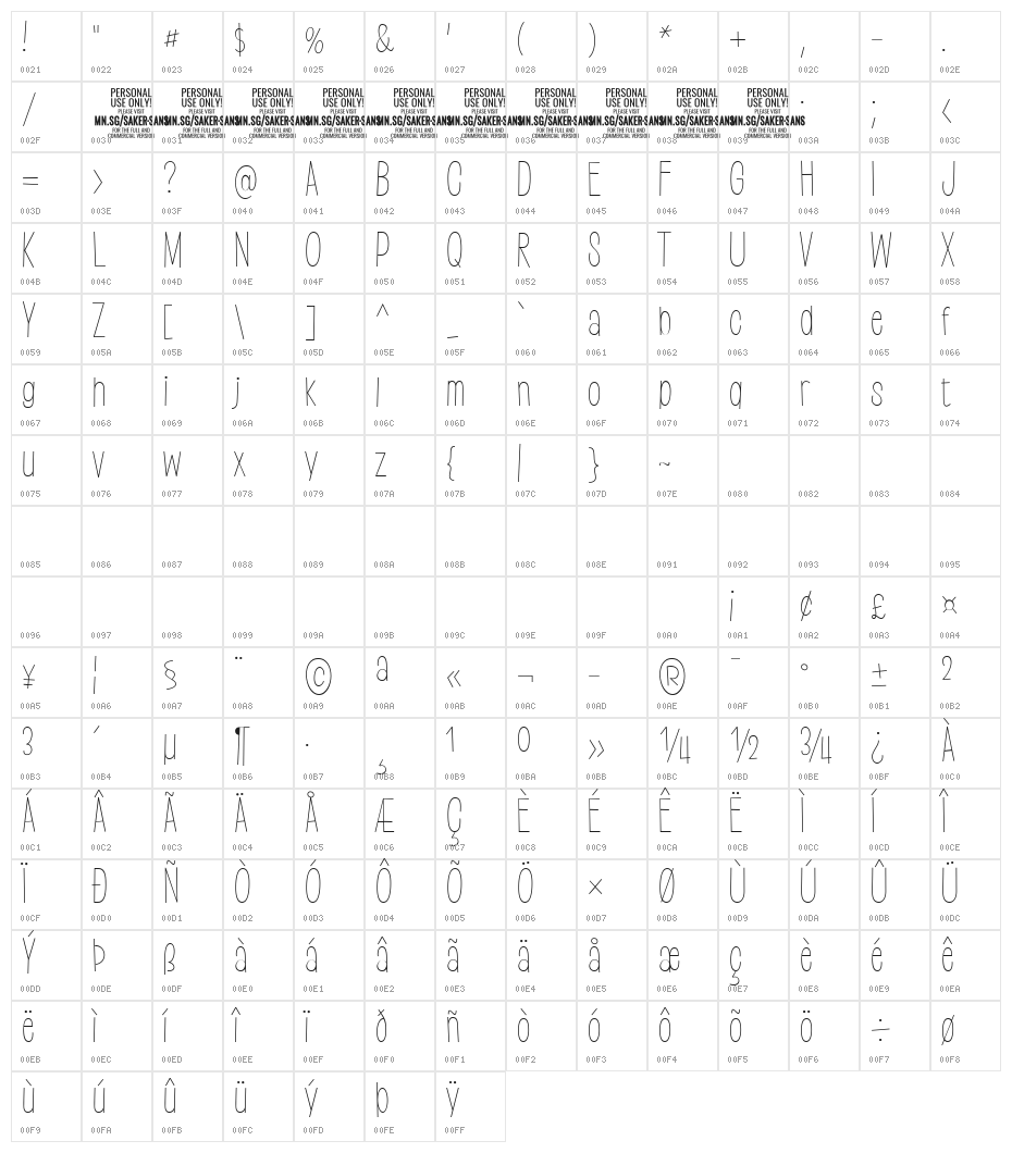 Saker Sans Thin PERSONAL USE Character Map