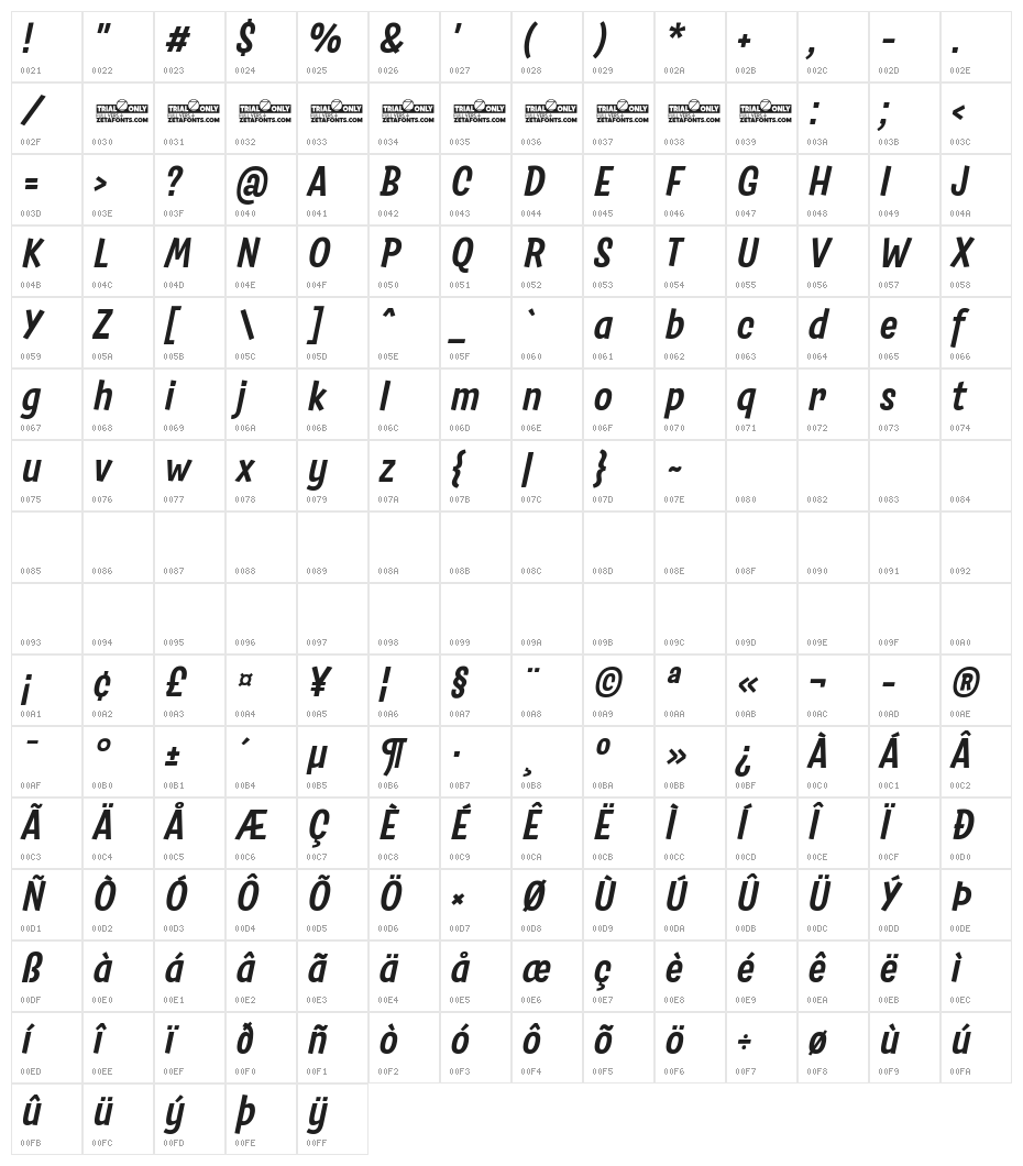 Salad Trial Bold Italic Character Map
