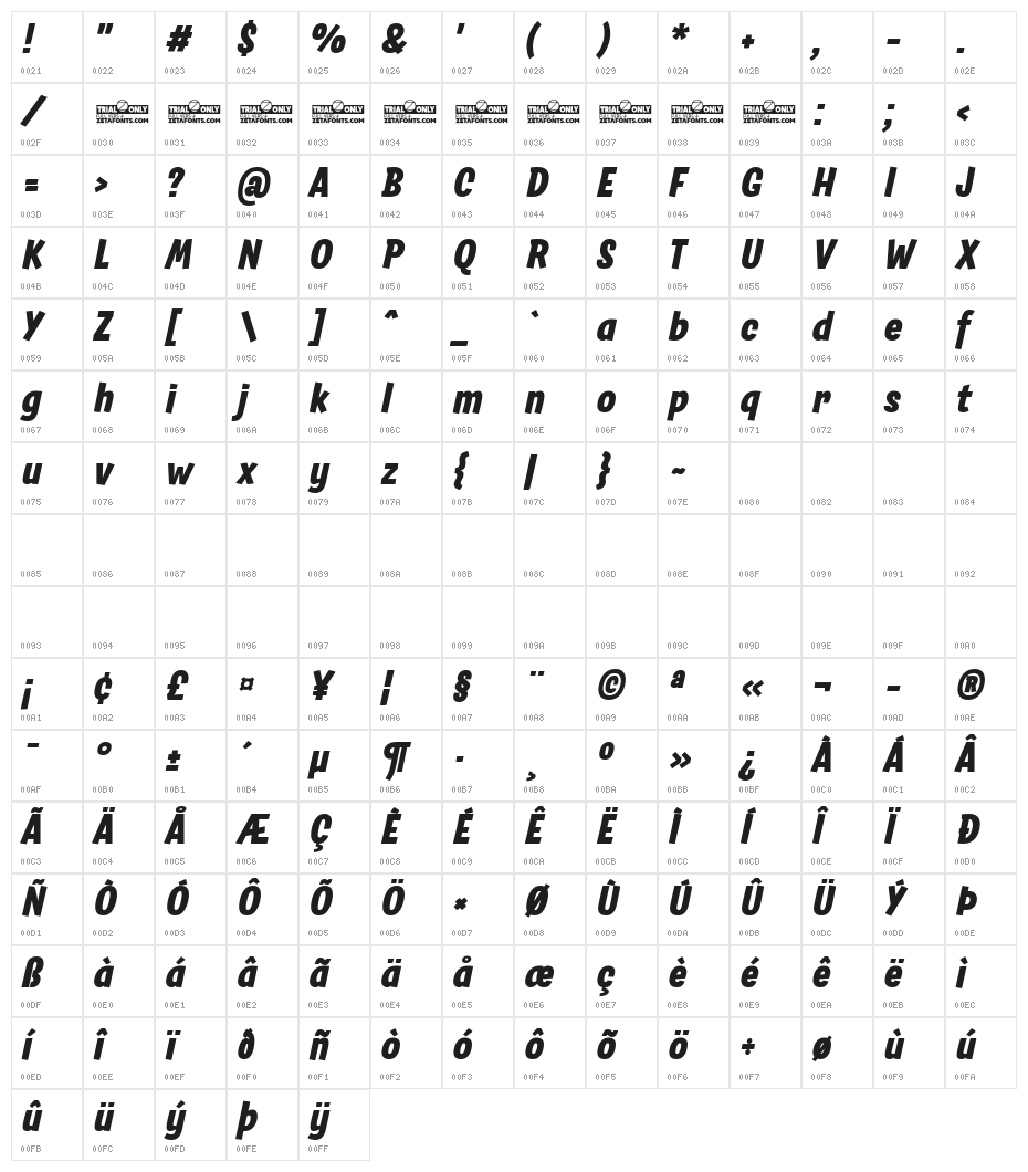 Salad Trial Extrabold Italic Character Map