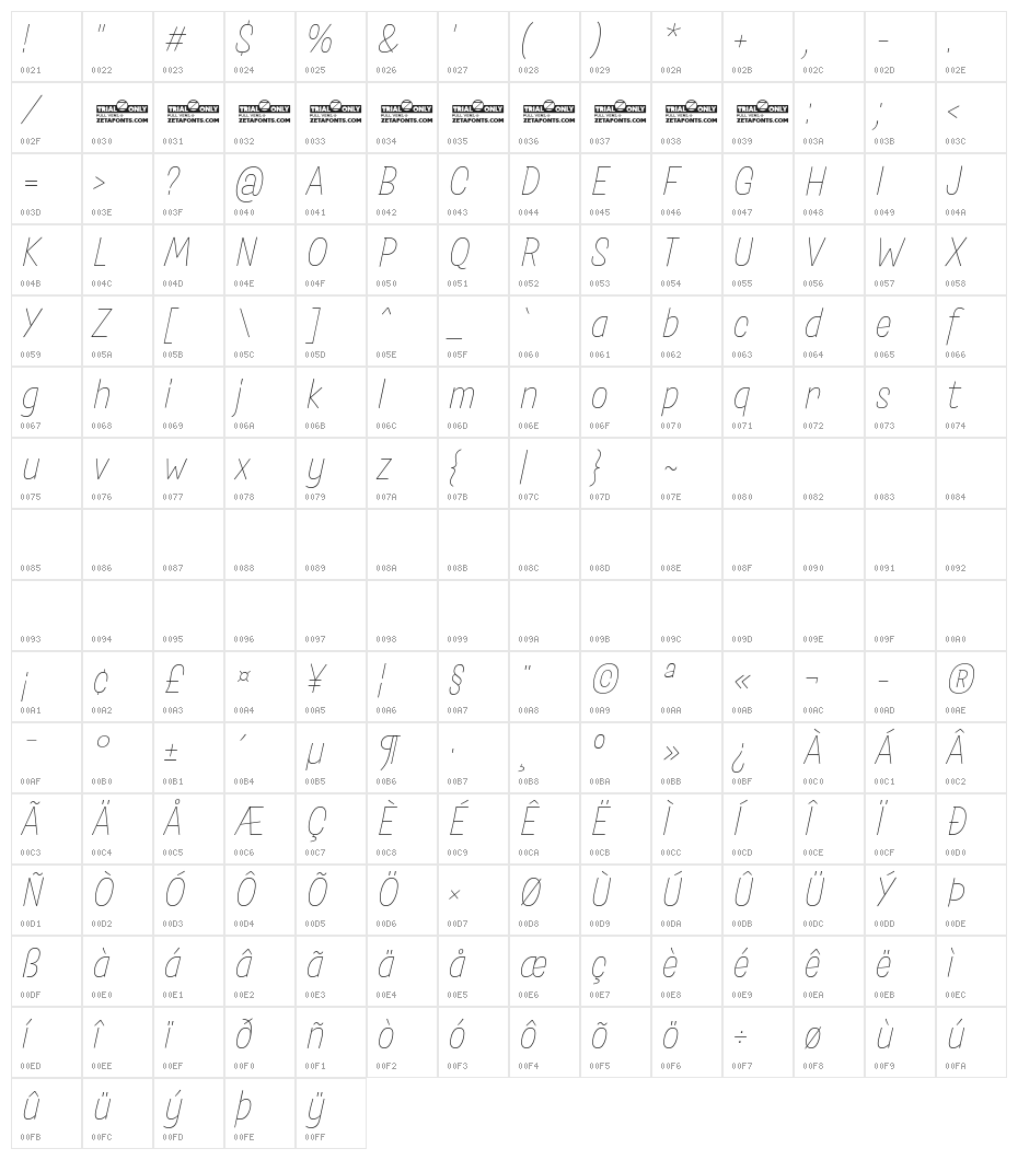 Salad Trial Extralight Italic Character Map