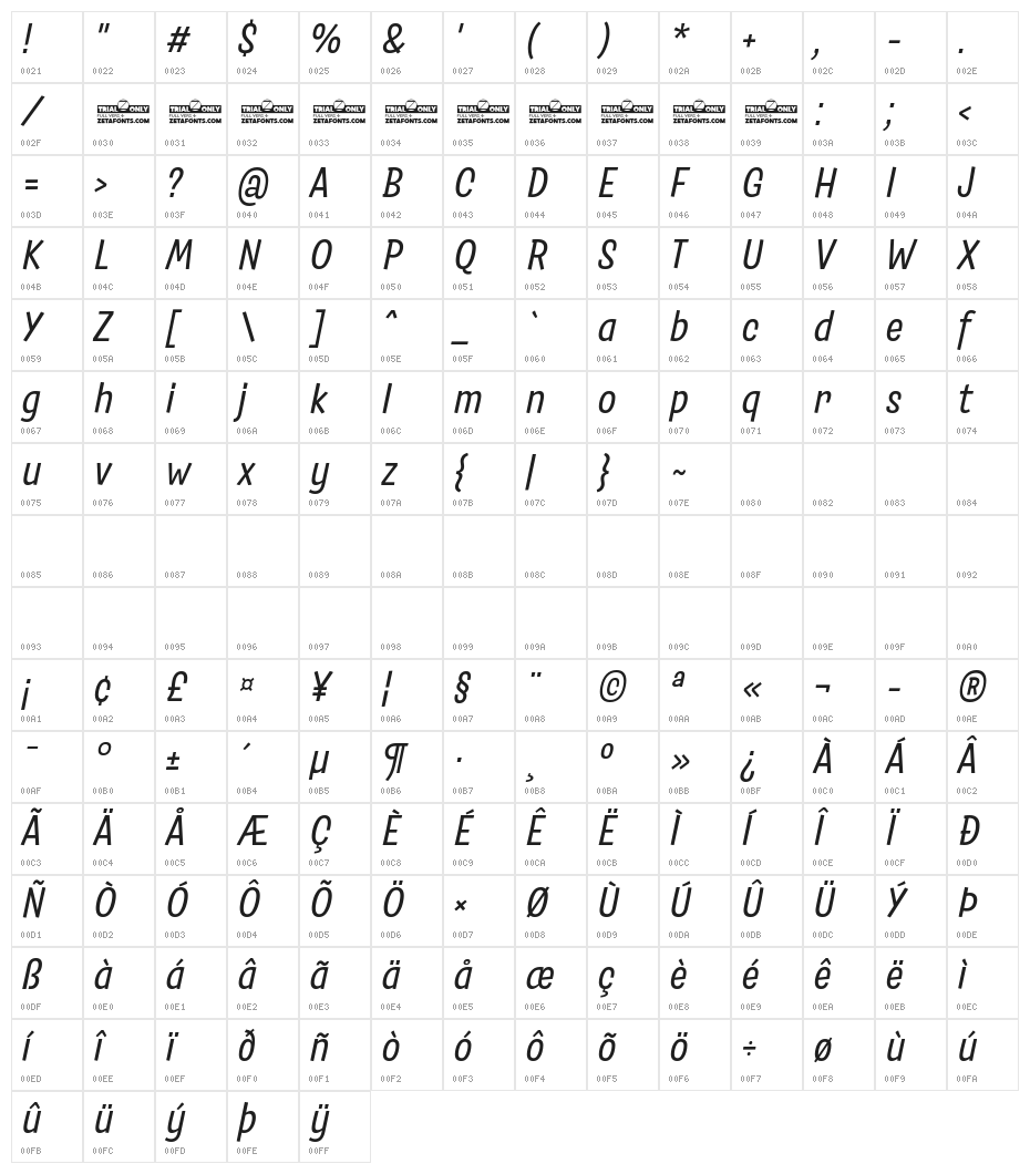 Salad Trial Italic Character Map
