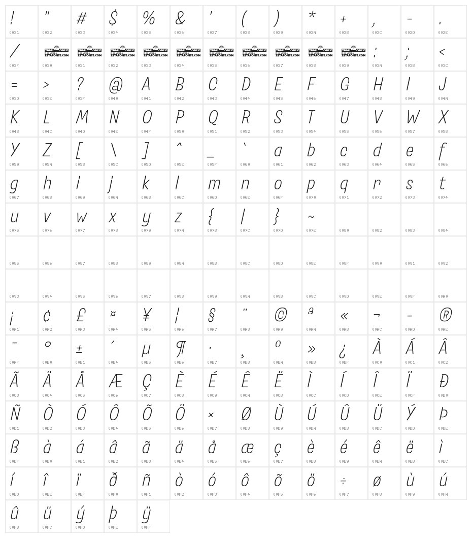Salad Trial Light Italic Character Map