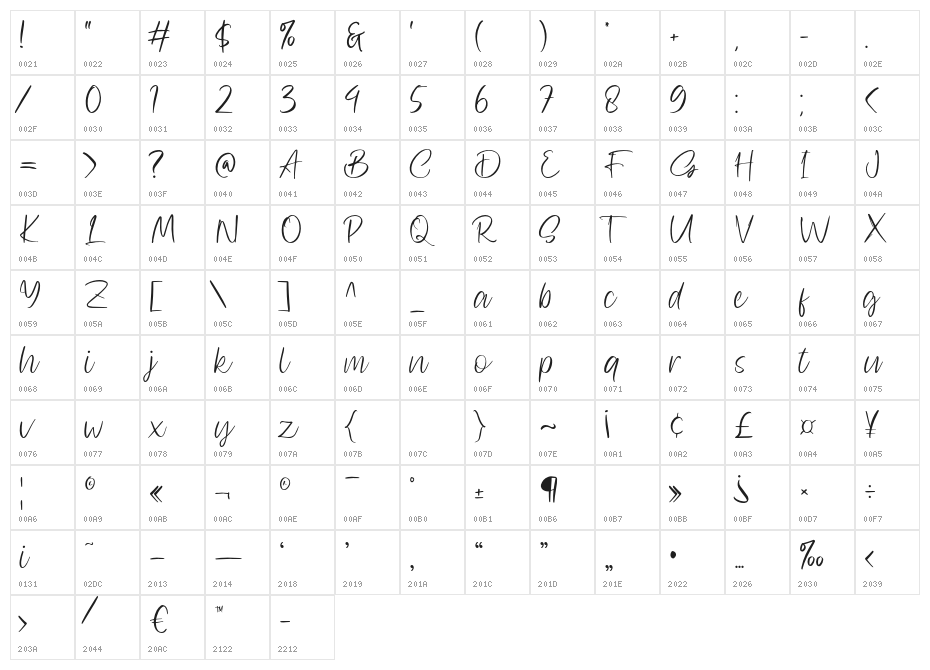 Sallvacia-Regular Character Map