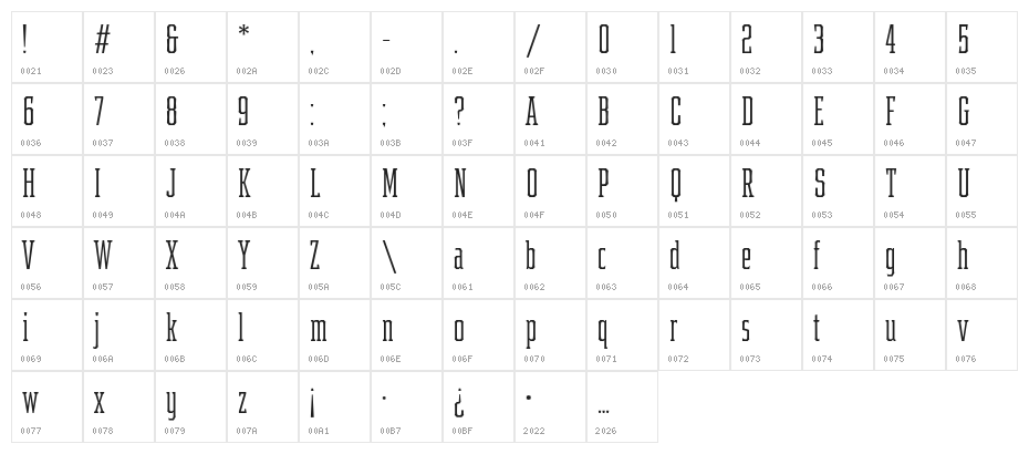 Samton Extra Condensed Light Character Map