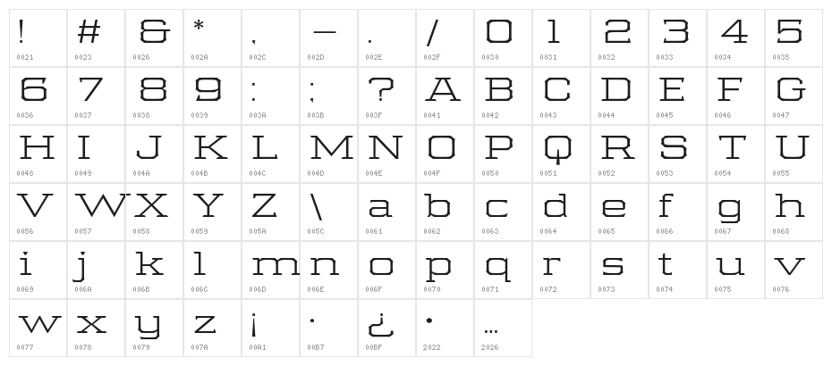 Samton Extra Extended Light Character Map