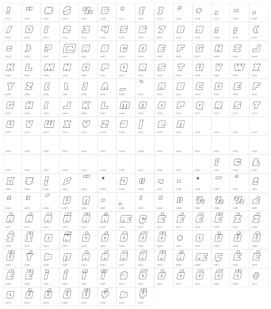 Samurai Terrapin Outline Italic Character Map