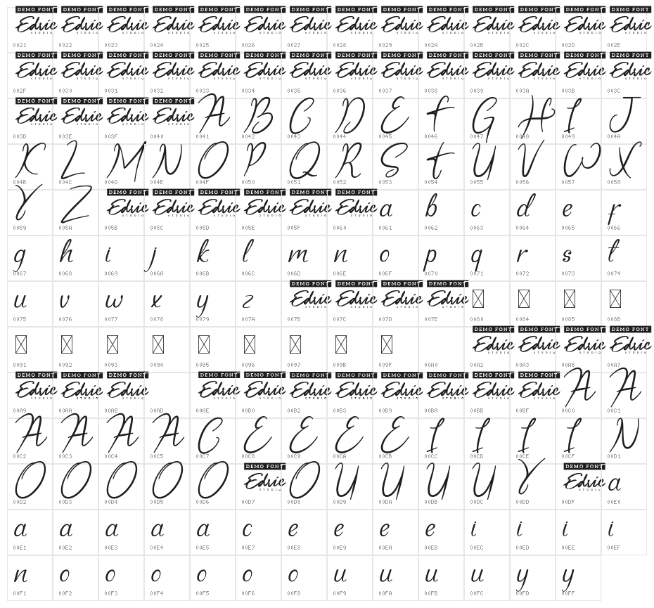 Sandrani Demo Italic Character Map