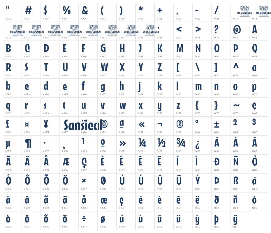 Sansical PERSONAL USE Regular Character Map