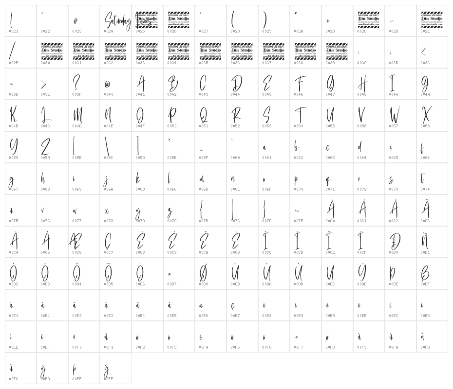 Saturday Lovers Personal Use Character Map