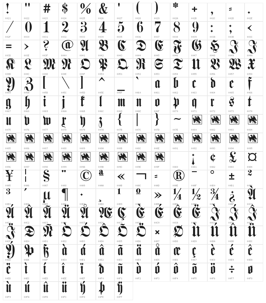Schmale Halbfette Fraktur Character Map