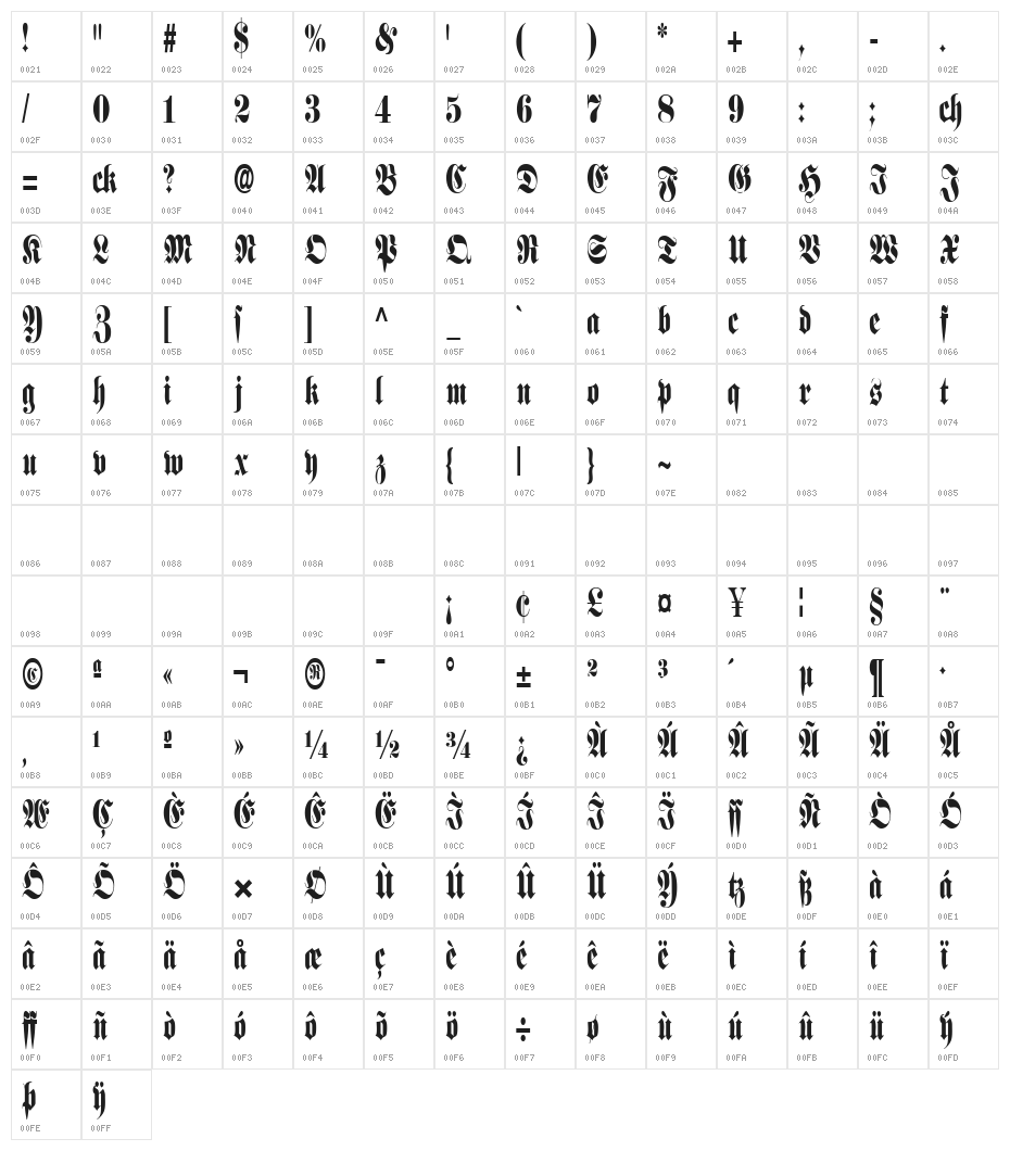 Schmalfette Fraktur Character Map