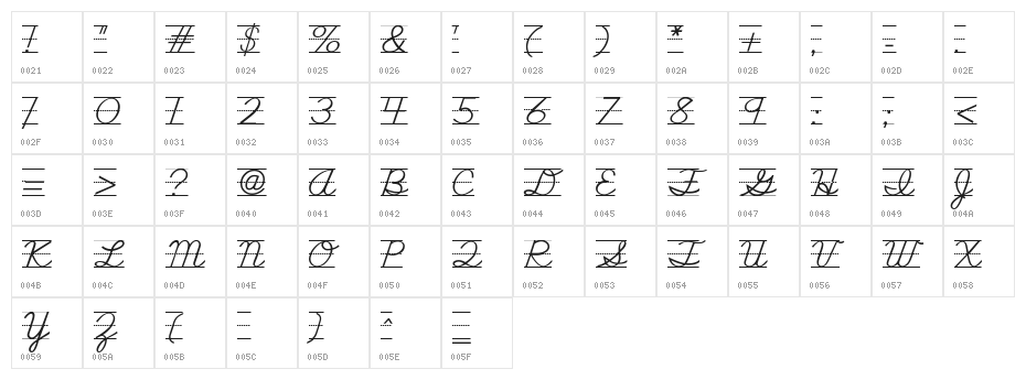 SchoolScriptDashed Character Map