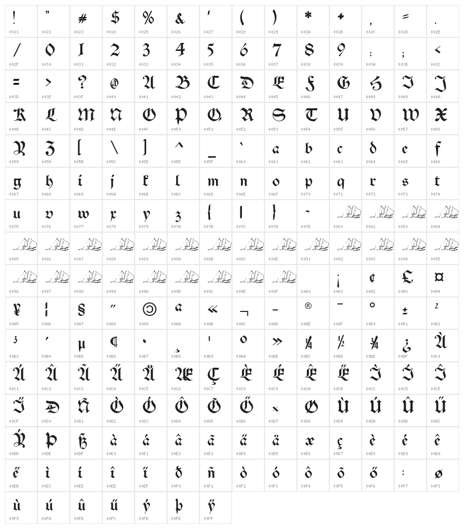 Schwaben Alt UNZ1A Italic Character Map