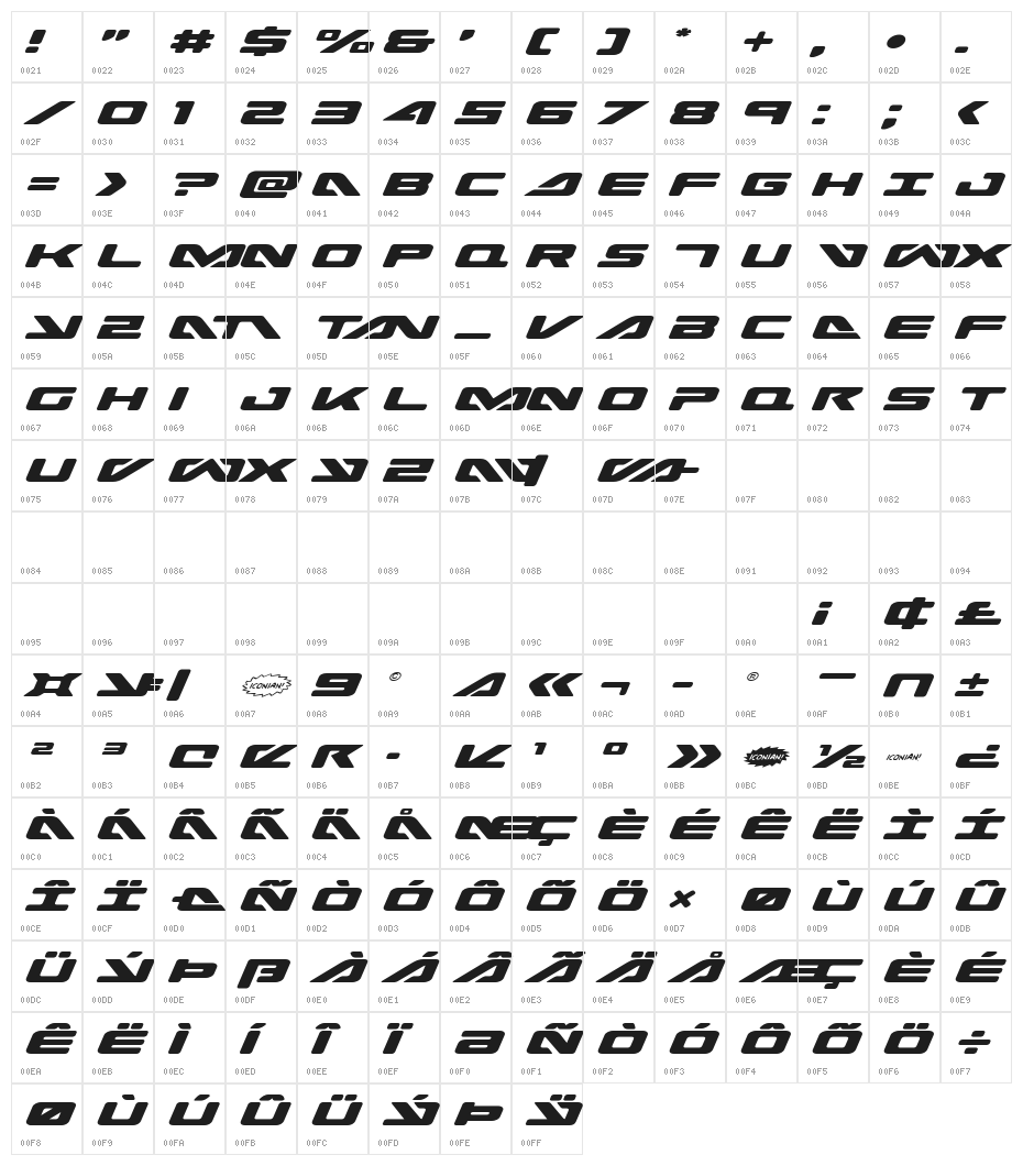 Sea-Dog Expanded Italic Character Map