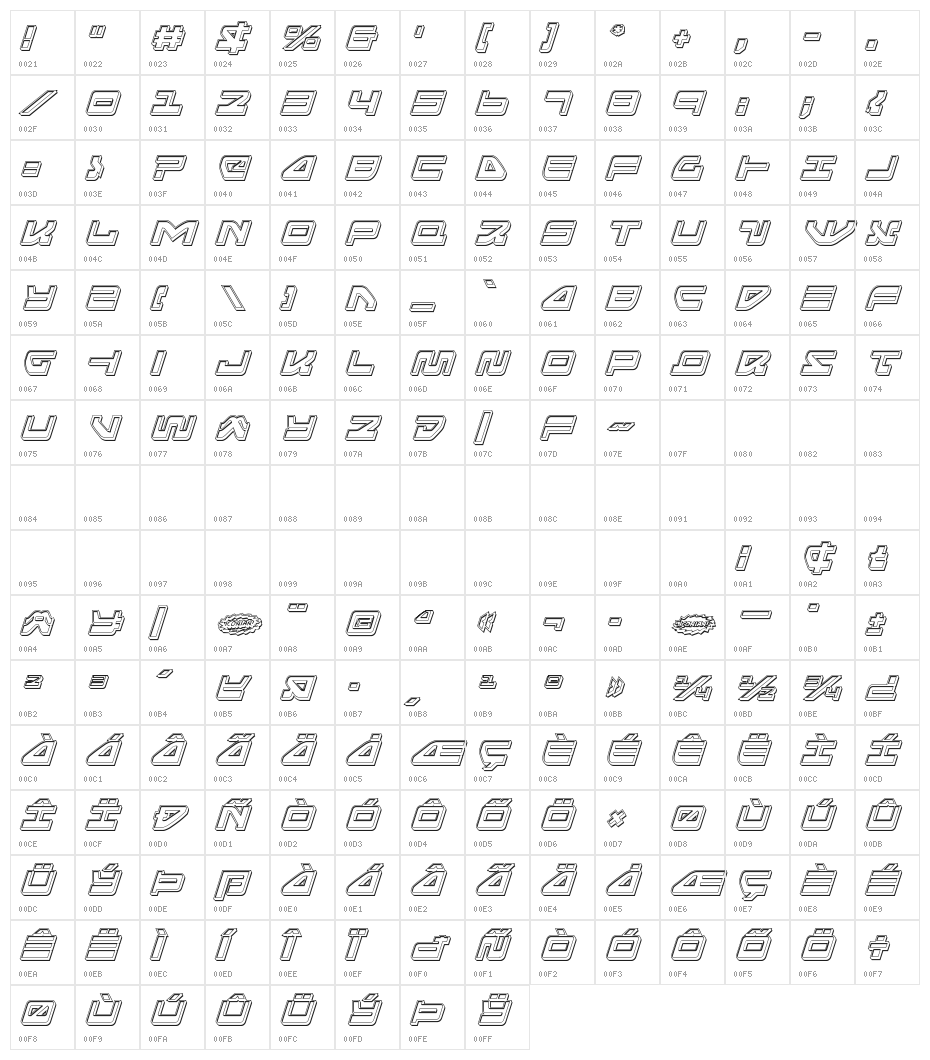 Searider Falcon Engraved Italic Character Map