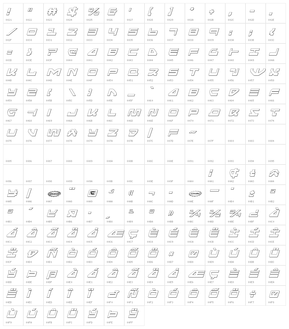 Searider Falcon Outline Italic Character Map