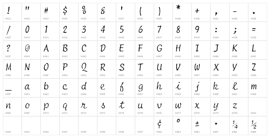 Selectric Script Regular Character Map