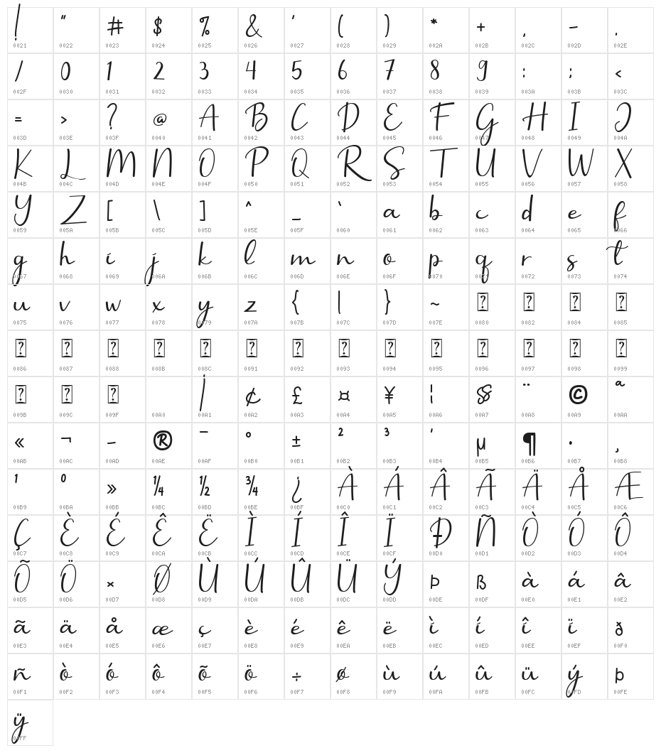 Selly Calligraphy Character Map