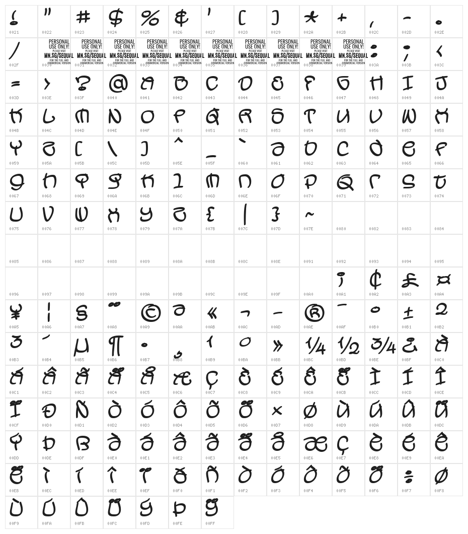 SequalLightPERSONALUSE Character Map