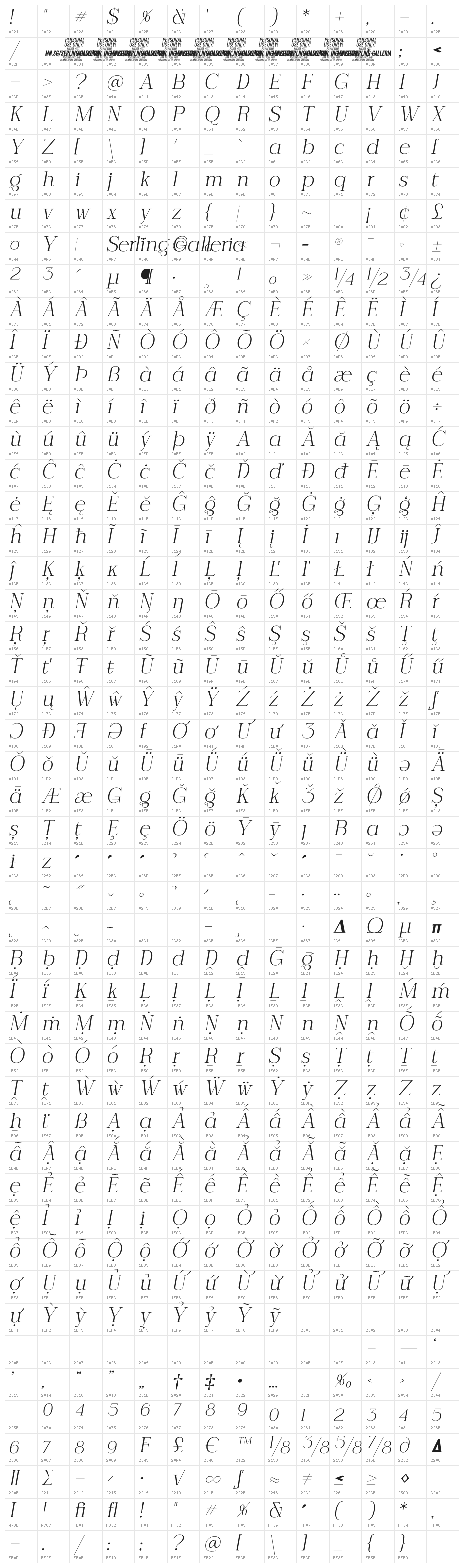 Serling Galleria PERSONAL USE Light Italic Character Map