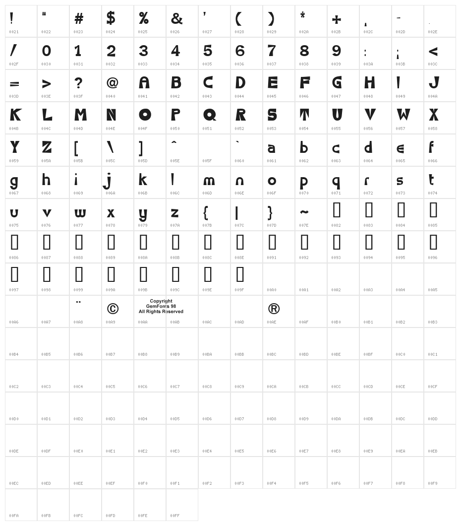 Seventy Flares Character Map