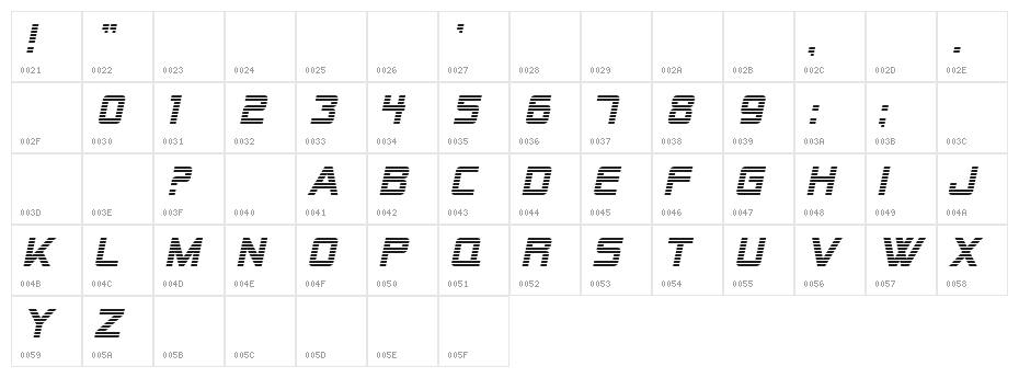 SF Alien Encounters Italic Character Map
