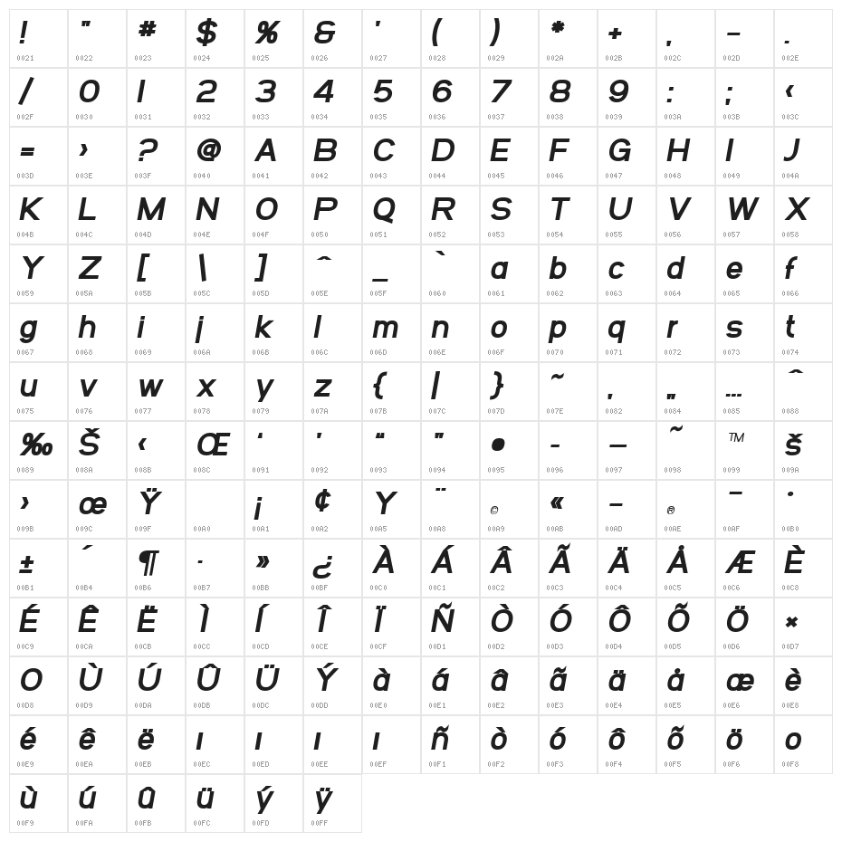 SF Arborcrest Heavy Oblique Character Map