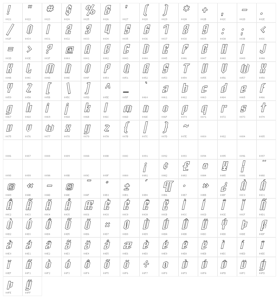 SF Archery Black Outline Oblique Character Map