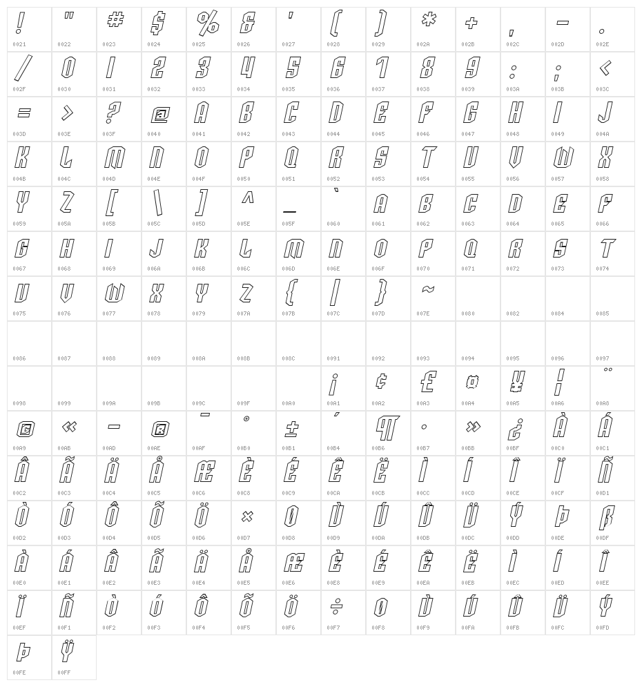 SF Archery Black SC Outline Oblique Character Map