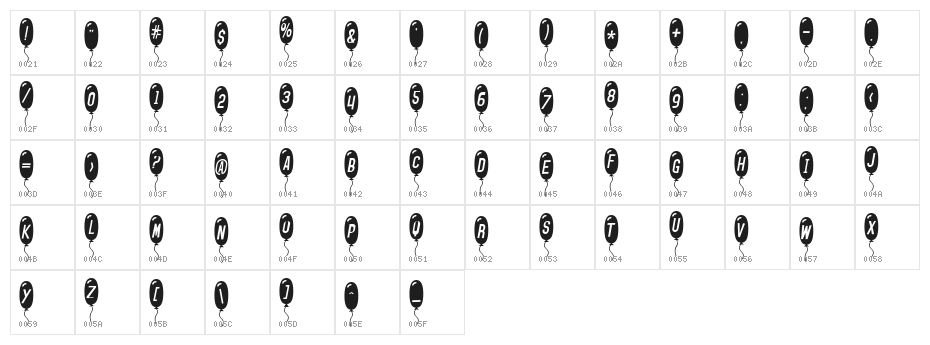 SF Balloons Thin Italic Character Map