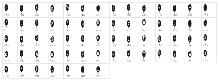 SF Balloons Thin Character Map