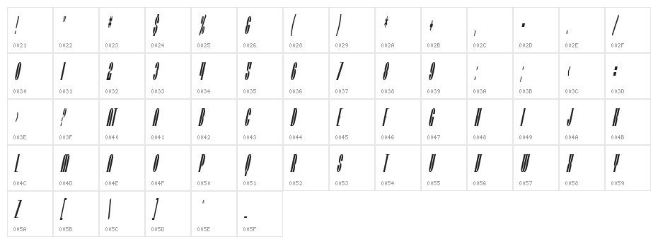 SF Baroquesque Condensed Oblique Character Map