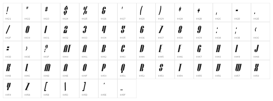 SF Baroquesque Extended Oblique Character Map