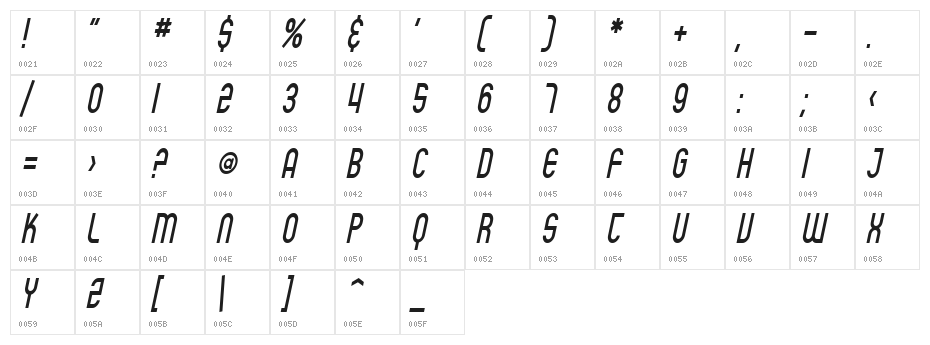 SF Eccentric Opus Condensed Oblique Character Map