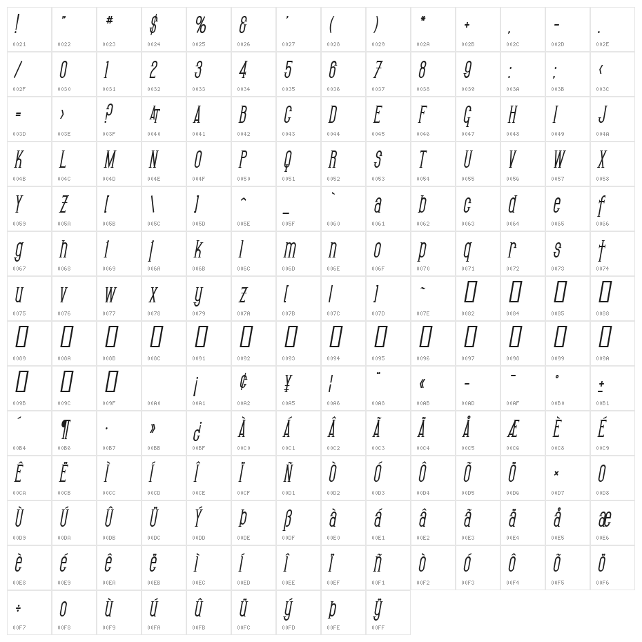 SF Gothican Condensed Bold Oblique Character Map