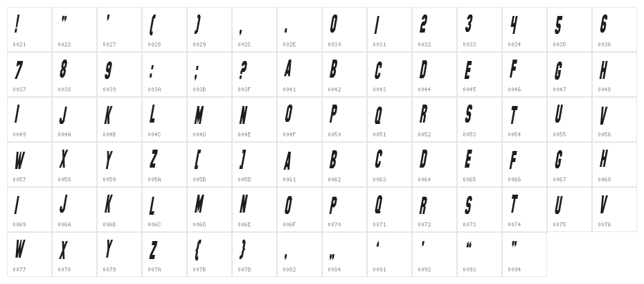 SF Hollywood Hills Condensed Italic Character Map