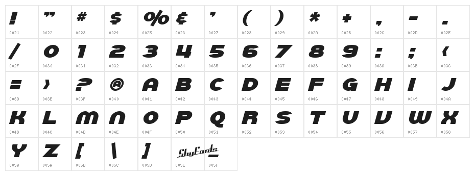SF Juggernaut Bold Italic Character Map